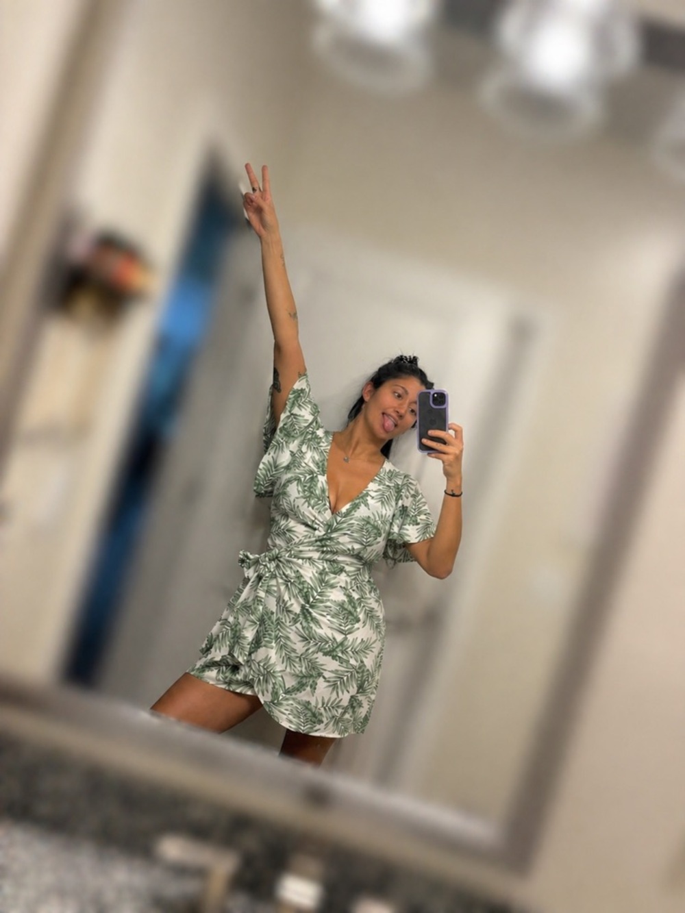 Lulu's White Wrap Dress with Green Palm Print / Floral Print